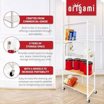 Origami RPR Series 5 Shelf Slim Steel Pantry Rack—Holds Up to 100 Pounds, Space-Saving & Stylish