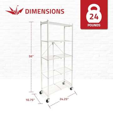 Origami RPR Series 5 Shelf Slim Steel Pantry Rack Holds up to 100 Pounds or 25 Pounds Each Tier, Shelves with Wheels and Smart Lock Function, White
