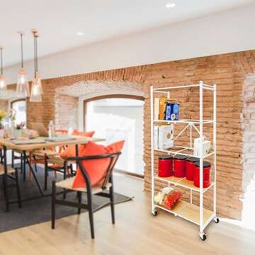 Origami RPR Series 5 Shelf Slim Steel Pantry Rack Holds up to 100 Pounds or 25 Pounds Each Tier, Shelves with Wheels and Smart Lock Function, White