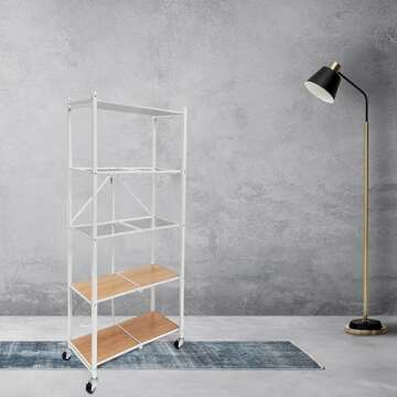 Origami RPR Series 5 Shelf Slim Steel Pantry Rack Holds up to 100 Pounds or 25 Pounds Each Tier, Shelves with Wheels and Smart Lock Function, White