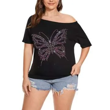 MAKARTHY Women Sparkly Sequined Shirts Plus Size Sexy Butterfly Print Off Shoulder T-Shirt Tops, Black+ Pink Butterfly, Medium