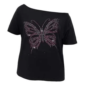 MAKARTHY Women Sparkly Sequined Shirts Plus Size Sexy Butterfly Print Off Shoulder T-Shirt Tops, Black+ Pink Butterfly, Medium