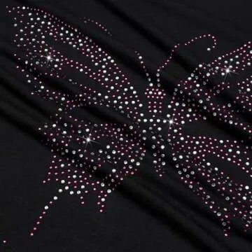 MAKARTHY Women Sparkly Sequined Shirts Plus Size Sexy Butterfly Print Off Shoulder T-Shirt Tops, Black+ Pink Butterfly, Medium