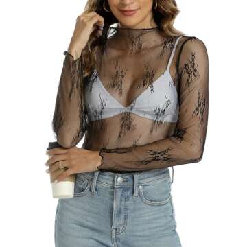 Aoulaydo Lace Long Sleeve Top for Women Mesh Top Mock Neck Floral See Throuth Shirt Lace Top Black S...