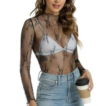 Aoulaydo Lace Long Sleeve Top for Women Mesh Top Mock Neck Floral See Throuth Shirt Lace Top Black Small