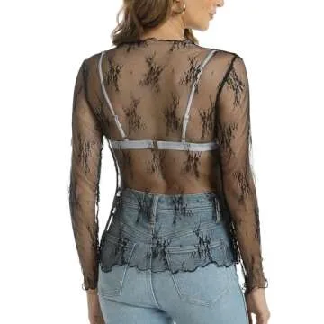 Aoulaydo Lace Long Sleeve Top for Women Mesh Top Mock Neck Floral See Throuth Shirt Lace Top Black Small