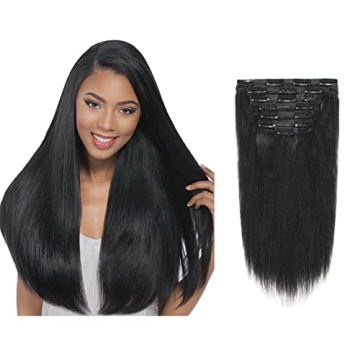 Lacer Soft Real Remy Thick Yaki Clip in Hair Extensions Human Hair, Jet Black 18inch Yaki Straight H...