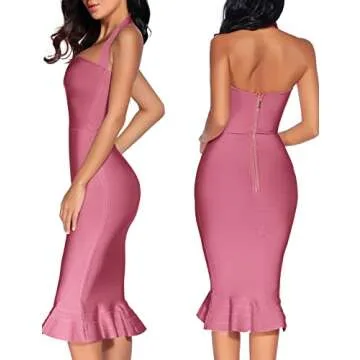 houstil Women's V Neck Halter Fishtail Bandage Bodycon Dress Party