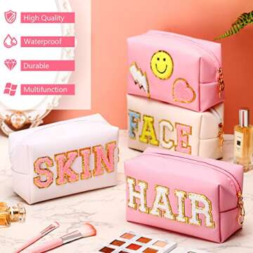 Sanwuta 4 Pcs Hair Face Skin Travel Bag Set Preppy Makeup Pouch PU Leather Skincare Bag Waterproof Cosmetic Organizer Birthday Christmas Gifts(White, Pink, Beige,Fresh Style)