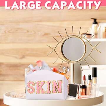 Sanwuta 4 Pcs Hair Face Skin Travel Bag Set Preppy Makeup Pouch PU Leather Skincare Bag Waterproof Cosmetic Organizer Birthday Christmas Gifts(White, Pink, Beige,Fresh Style)