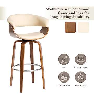 Glitzhome Bar Stools Set of 2, 29.5’’H Swivel Barstools with Curved Back, Bar Height Stools Bar Chairs with Backrest, Footrest, Solid Bentwood Frame, White