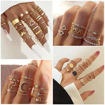 IFKM 51 Pcs Gold Knuckle Rings Set For Women Vintage Stackable Joint Finger Midi Rings Dainty Cubic Zirconia Crystal Simple Twist Hollow Cute Rings Pack Jewelry Gift