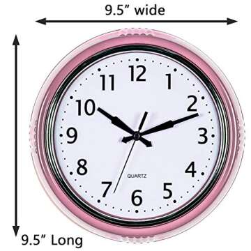 Bernhard Products Retro Wall Clock 9.5 Inch Pink Kitchen 50's Vintage Design Round Silent Non Ticking Battery Operated Quality Quartz for Home Office Baby Nursery Girls Room Classroom, Easy to Read