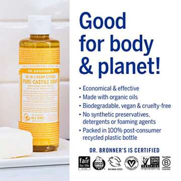 Dr. Bronner's - Pure-Castile Liquid Soap (Citrus, 8 ounce) - Made with Organic Oils, 18-in-1 Uses: Face, Body, Hair, Laundry, Pets and Dishes, Concentrated, Vegan, Non-GMO