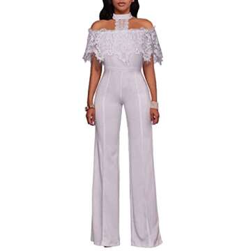 Women White Halter Floral Lace Loose Pants Off The Shoulder Jumpsuit Clubwear M