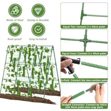 Cucumber Trellis for Raised Beds, 45 x 53 Inch Adjustable Size A-Frame Garden Trellis for Climbing Plant Outdoors with Climbing Net and Plant Support Clip for Vegetable Grape Tomato Garden Supplies