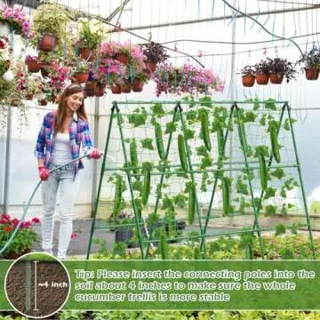 Cucumber Trellis for Raised Beds, 45 x 53 Inch Adjustable Size A-Frame Garden Trellis for Climbing Plant Outdoors with Climbing Net and Plant Support Clip for Vegetable Grape Tomato Garden Supplies