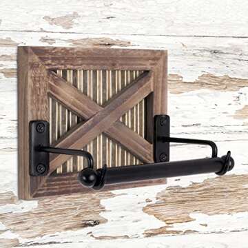 Autumn Alley Rustic Farmhouse Barn Door Toilet Paper Holder | Constructed of Warm Brown Wood, Gold Corrugated Metal and Black Metal | Adds Functional Farmhouse Charm to Your Bathroom