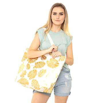 RIAH FASHION Large Reusable Eco Shopper Beach Tote - Canvas Fabric Travel Shoulder Bag Plaid Stripe, Animal, American Flag (Metallic Foil - Tropical Leaf White)