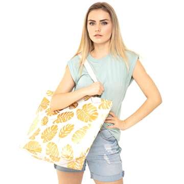 RIAH FASHION Large Reusable Eco Shopper Beach Tote - Canvas Fabric Travel Shoulder Bag Plaid Stripe, Animal, American Flag (Metallic Foil - Tropical Leaf White)