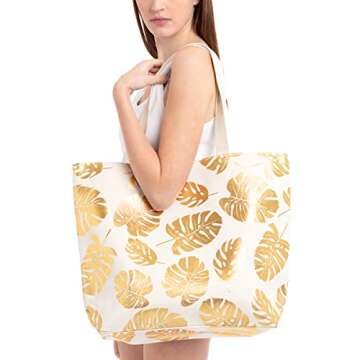 RIAH FASHION Large Reusable Eco Shopper Beach Tote - Canvas Fabric Travel Shoulder Bag Plaid Stripe, Animal, American Flag (Metallic Foil - Tropical Leaf White)