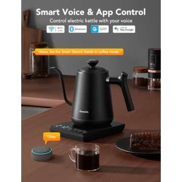 GoveeLife Smart WiFi Electric Kettle with LED Display, Variable Temperature Control, 0.8L, Alexa Compatible - Stainless Steel Kettle for Pour Over Coffee, Brew Tea, Boil Hot Water, Matte Black