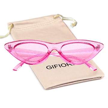 GIFIORE Retro Vintage Cat Eye Sunglasses for Women Trendy Narrow Cateye Frame Sun Glasses (Hot Pink Frame Pink Lens with Glitter)