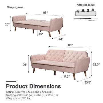 Novogratz Tallulah Memory Foam Futon, Convertible Couch, Pink Velvet