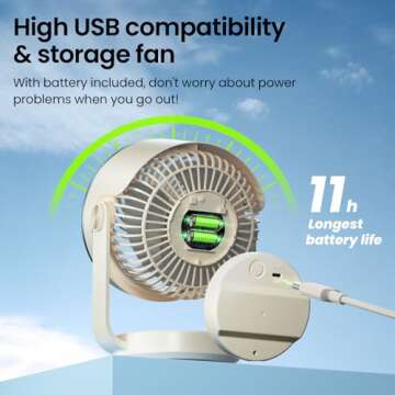 Desk Fan, 10 inch Air Circulator Quiet Operating Fan for Bedroom, 70ft Strong Airflow, Portable Fan Battery Operated Fan with USB, Personal Fan Rechargeable Fan for Office & Living Room & Outdoor