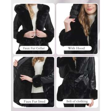 GRAN ORIENTE Women's Faux Leather Coat with Faux Fur Collar,Winter Warm Belted Mid Length Trim Jacket Fur Lined with Hood (002 Black XL)