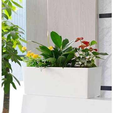 GardenBasix 7.5''x20'' White Self Watering Rectangle Planter Pots with 10 Quarts Coco Soil, Indoor Outdoor, Easy to Observe Water Level, Stylish and Simple