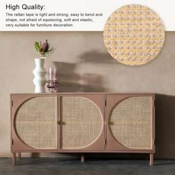 Wide Rattan Webbing, 3.3ft Long Woven Open Mesh Cane Rattan Webbing Roll Natural Rattan Webbing for Caning Projects DIY Crafts Furniture Decor