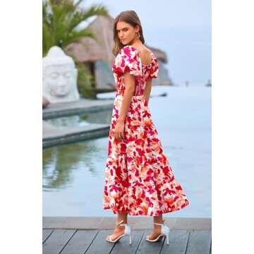 PRETTYGARDEN Women's Casual Summer Midi Dress Puffy Short Sleeve Square Neck Smocked Tiered Ruffle D...