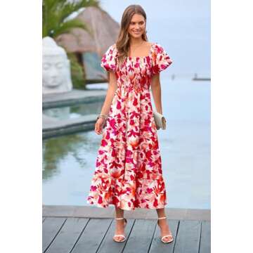 PRETTYGARDEN Women's Casual Summer Midi Dress Puffy Short Sleeve Square Neck Smocked Tiered Ruffle Dresses (Floral Red,Medium)