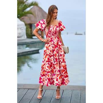 PRETTYGARDEN Women's Casual Summer Midi Dress Puffy Short Sleeve Square Neck Smocked Tiered Ruffle Dresses (Floral Red,Medium)