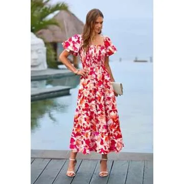 PRETTYGARDEN Women's Casual Summer Midi Dress Puffy Short Sleeve Square Neck Smocked Tiered Ruffle Dresses (Floral Red,Medium)