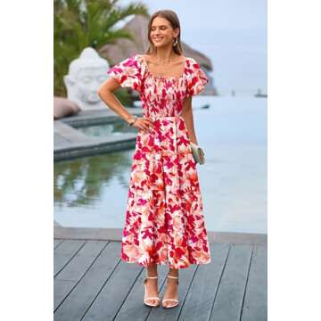 PRETTYGARDEN Women's Casual Summer Midi Dress Puffy Short Sleeve Square Neck Smocked Tiered Ruffle Dresses (Floral Red,Medium)