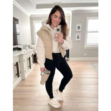 Ailoqing Womens Puffer Vest Zip Up Crop Puffy Vests Sleeveless Padded Down Jacket Coats with Pockets(Khaki-L)