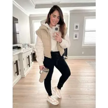 Ailoqing Womens Puffer Vest Zip Up Crop Puffy Vests Sleeveless Padded Down Jacket Coats with Pockets(Khaki-L)