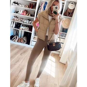 Ailoqing Womens Puffer Vest Zip Up Crop Puffy Vests Sleeveless Padded Down Jacket Coats with Pockets(Khaki-L)