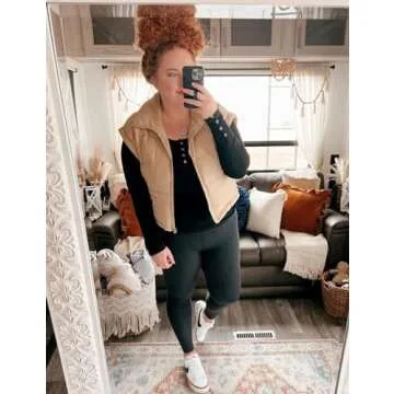 Ailoqing Womens Puffer Vest Zip Up Crop Puffy Vests Sleeveless Padded Down Jacket Coats with Pockets(Khaki-L)