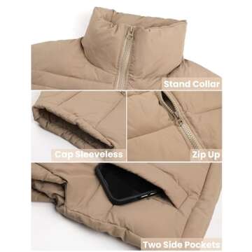 Ailoqing Womens Puffer Vest Zip Up Crop Puffy Vests Sleeveless Padded Down Jacket Coats with Pockets(Khaki-L)