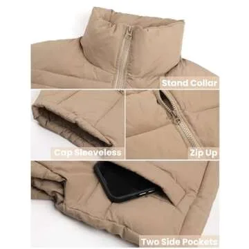 Ailoqing Womens Puffer Vest Zip Up Crop Puffy Vests Sleeveless Padded Down Jacket Coats with Pockets(Khaki-L)