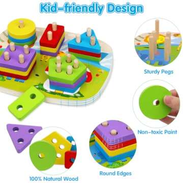 Dreampark Montessori Toys for 1 2 Year Old Toddlers Baby Boys Girls - Wooden Educational Sorting & Stacking Toys for Children Kid - Shape Sorter Color Learning Toy Preschool Geometric Board Blocks