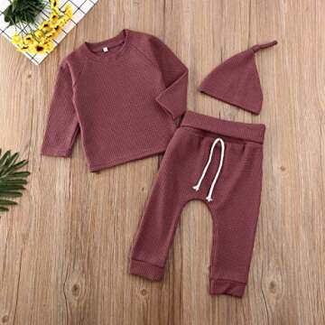 Newborn Baby Boys Girls Waffle Knit Cotton Homewear Outfit with Hat Long Sleeve Top+Pants Set (Jujube Red, 0-6 Months)