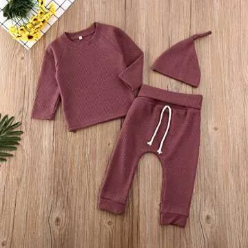 Newborn Baby Boys Girls Waffle Knit Cotton Homewear Outfit with Hat Long Sleeve Top+Pants Set (Jujube Red, 0-6 Months)