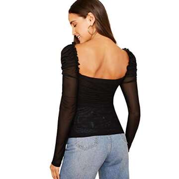 Floerns Women's Mesh Sheer Ruched Tops Square Neck Puff Long Sleeve T Shirt A Black S
