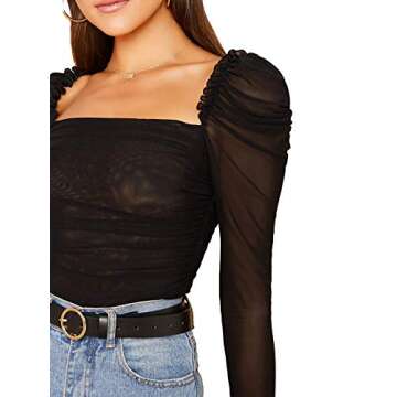 Floerns Women's Mesh Sheer Ruched Tops Square Neck Puff Long Sleeve T Shirt A Black S