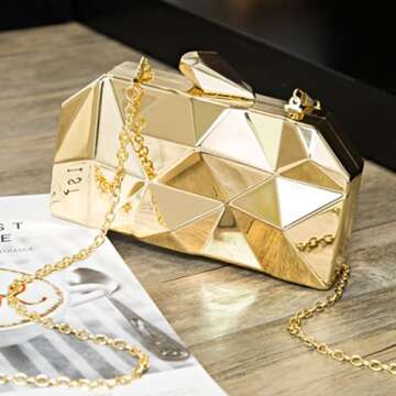 Reberomantic Women Lattice Pattern Metal Handbag Chain Geometric Evening Clutch Purse, Gold