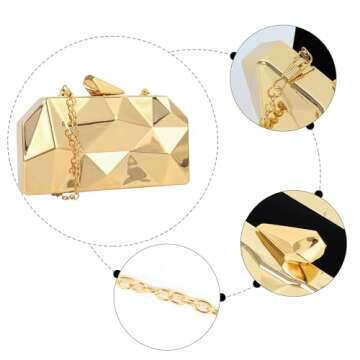 Reberomantic Women Lattice Pattern Metal Handbag Chain Geometric Evening Clutch Purse, Gold